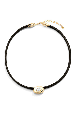 Necklace with black cord and gold clasp and pendant with marquise white sapphire accent on a white background