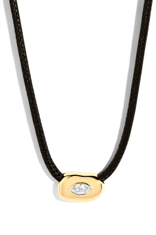 Necklace with a gold pendant featuring a marquise white sapphire on a white background