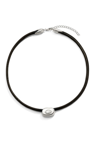 Necklace with black cord and sterling silver clasp and pendant with marquise white sapphire accent on a white background