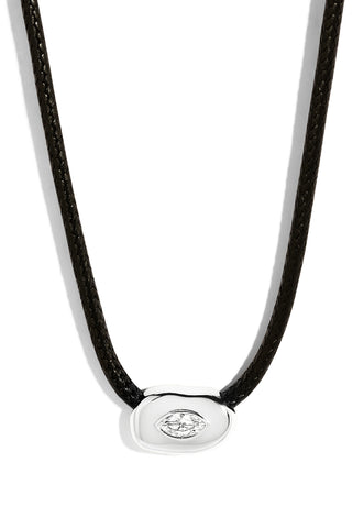 Necklace with black cord and sterling silver pendant with marquise white sapphire accent on a white background