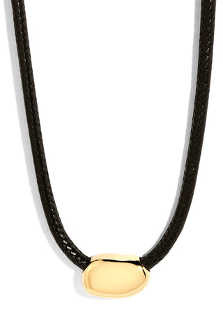Necklace with black cord and gold pendant on a white background