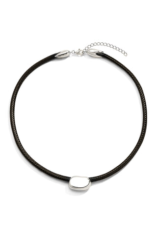 Necklace with black cord and sterling silver pendant on a white background