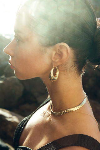 NAiiA Adelaide Hoops _  14K Gold Filled Teardrop Hoop Earrings On Model