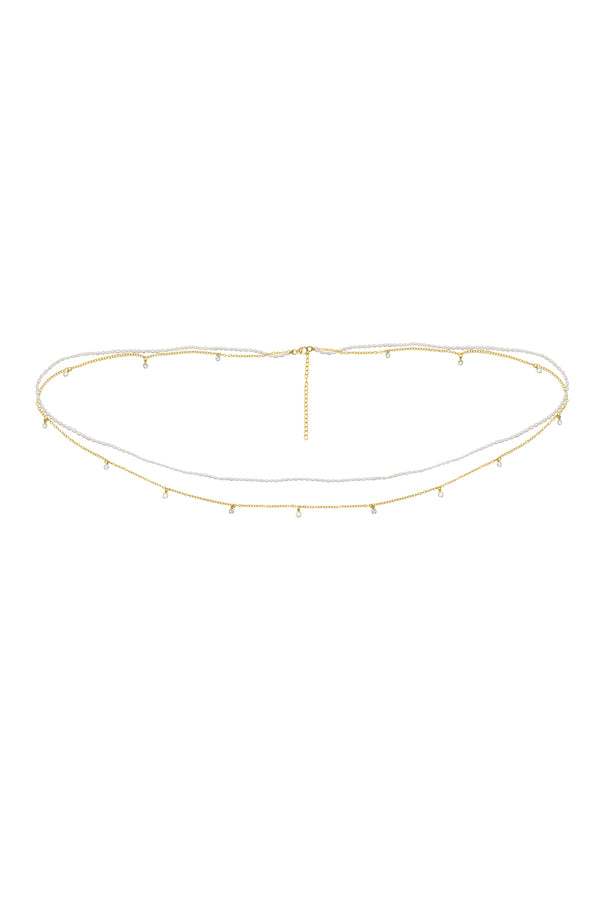 NAiiA Brigitte Belly Chain | 14K Yellow Gold Pearl and CZ Shaker Double Belly Chain