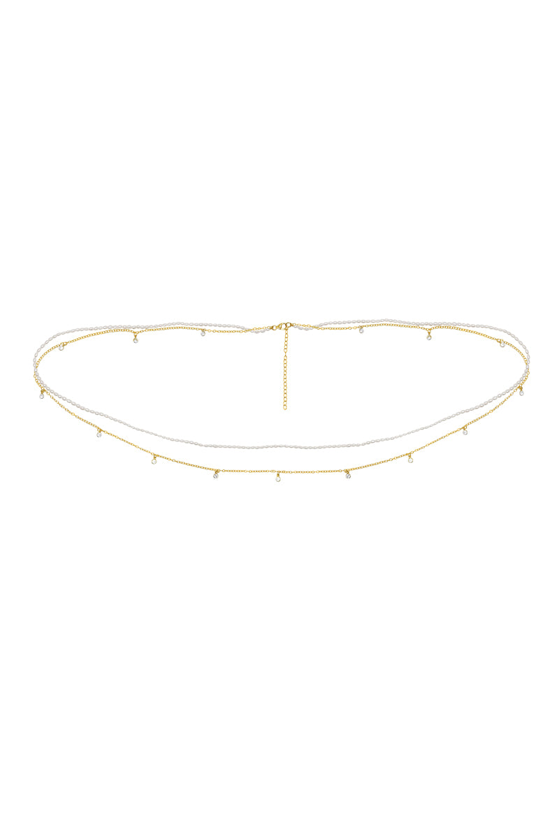 NAiiA Brigitte Belly Chain | 14K Yellow Gold Pearl and CZ Shaker Double Belly Chain