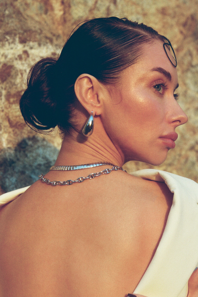 NAiiA Camila Necklace | Rhodium Herringbone Chain Necklace on model