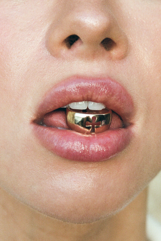 NAiiA Faith Ring | 14K Yellow Gold Cross Ring  on model