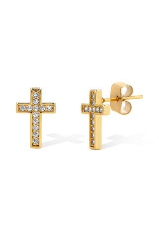 NAiiA Mini Cross Studs | 14K Yellow Gold and Pave CZ Cross Stud Earrings Product Photo