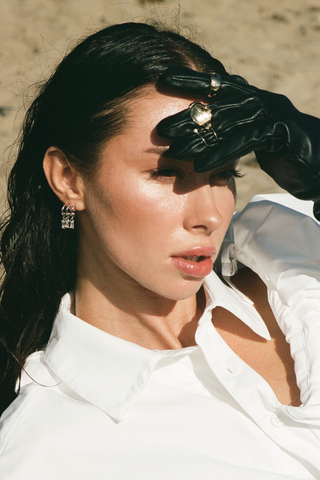 NAiiA Mira Ear Climbers _ Rhodium and CZ Ear Climber Earrings  on model