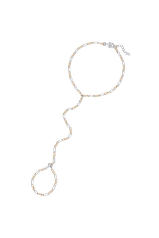 A delicate two-tone chain accessory with a silver and gold finish, featuring a main loop at the top and a smaller dangling loop at the bottom, displayed on a solid white background.