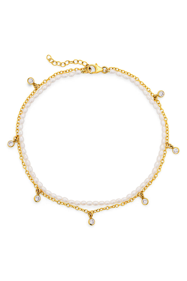 NAiiA Rose Anklet | 14K Yellow Gold Pearl and CZ Shaker Double Anklet