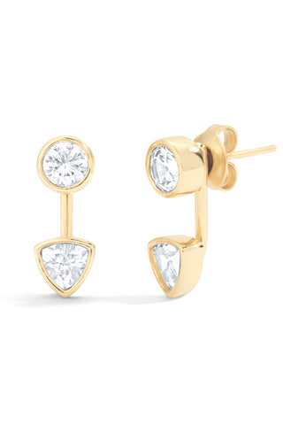 Gold jacket earrings with white sapphires on a white background