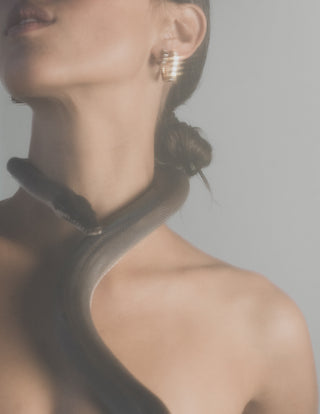 Person wearing gold glistening hoops and huggie earrings with a snake draped over their shoulder against a neutral background