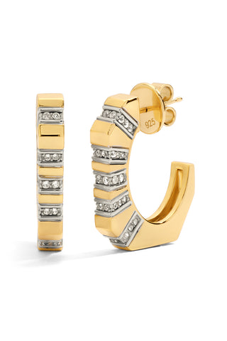 Gold angular hoop earrings with white sapphire accents on a white background