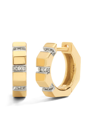 Gold hoop earrings with embedded white sapphires in lines across the geometric shape on a white background