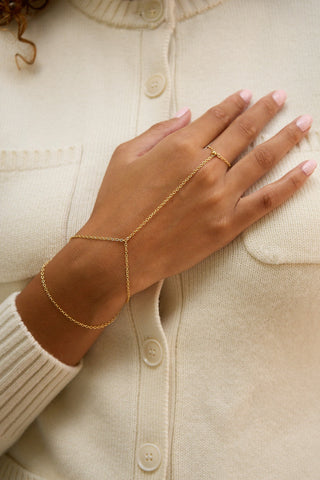 A close-up of a person's hand and wrist wearing a delicate gold chain hand bracelet, styled over a cream-colored knit cardigan.