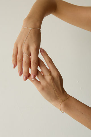 Gold and silver hand chain on model