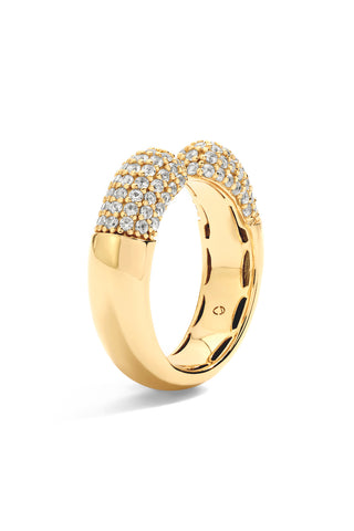 Gold ring with embedded pave white sapphires on a white background