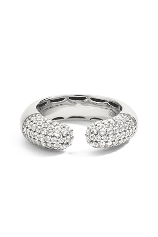 Silver ring with pave white sapphires on a white background