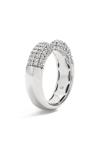 Silver ring with pave white sapphires on a white background
