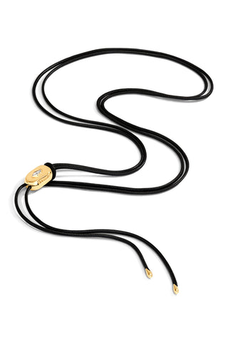 Black leather cord belt with gold clasp on a white background