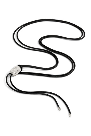 Black leather cord belt with a silver clasp on a white background