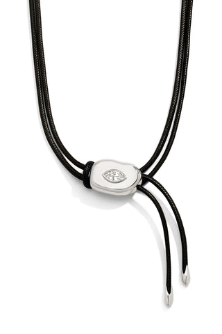 Belt with a black cord and silver clasp on a white background