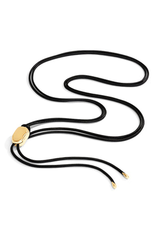 Black cord belt with gold clasp on a white background