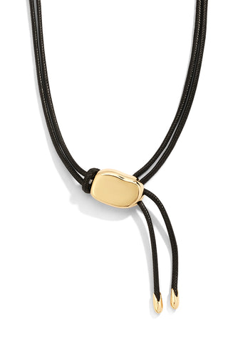 Black cord belt with a gold clasp on a white background