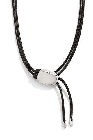 Black cord belt with a silver clasp on a white background