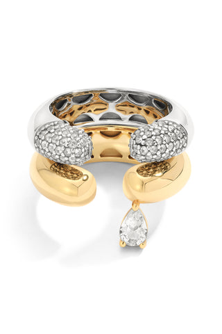 Gold and silver ring set with white sapphire accents on a white background