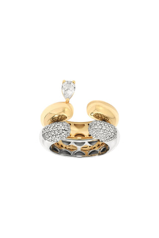 Gold and silver ring with embedded stones on a white background