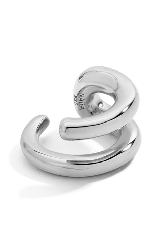 Silver spiral ear cuff on a white background