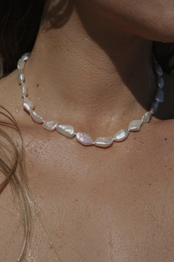 14k gold filled baroque pearl necklace on model
