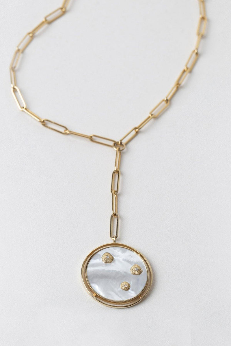 Trousdale - NAiiA - 14K solid gold and mother of pearl medallion with three gold bezeled diamonds on a 14K gold-filled clip chain