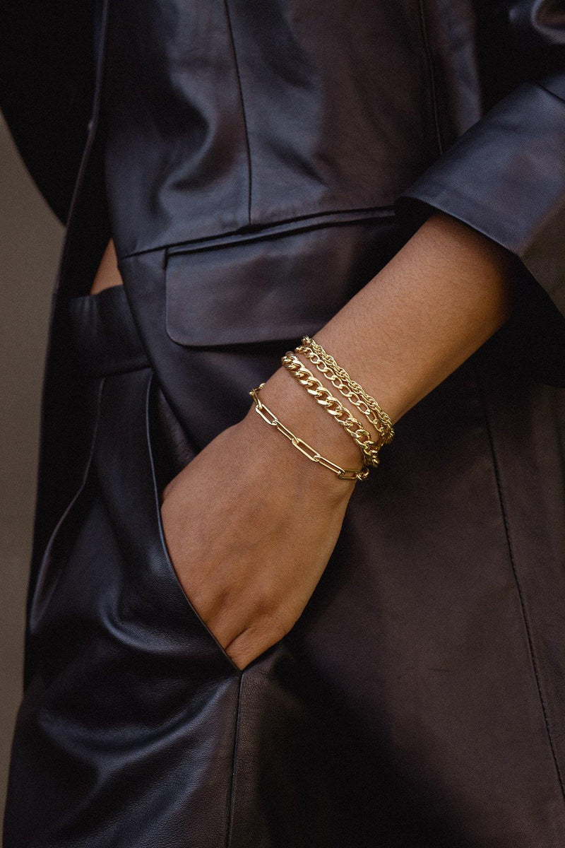 14K gold-filled clip chain bracelets on model