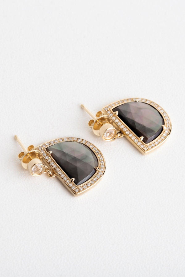 Moonridge - NAiiA - 14K solid gold topaz bezeled earrings with black mother of pearl and pave diamonds