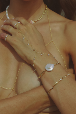 14k gold-filled gold cz hand chain  on model