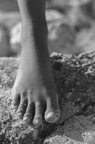 Model with 14k gold filled toe ring