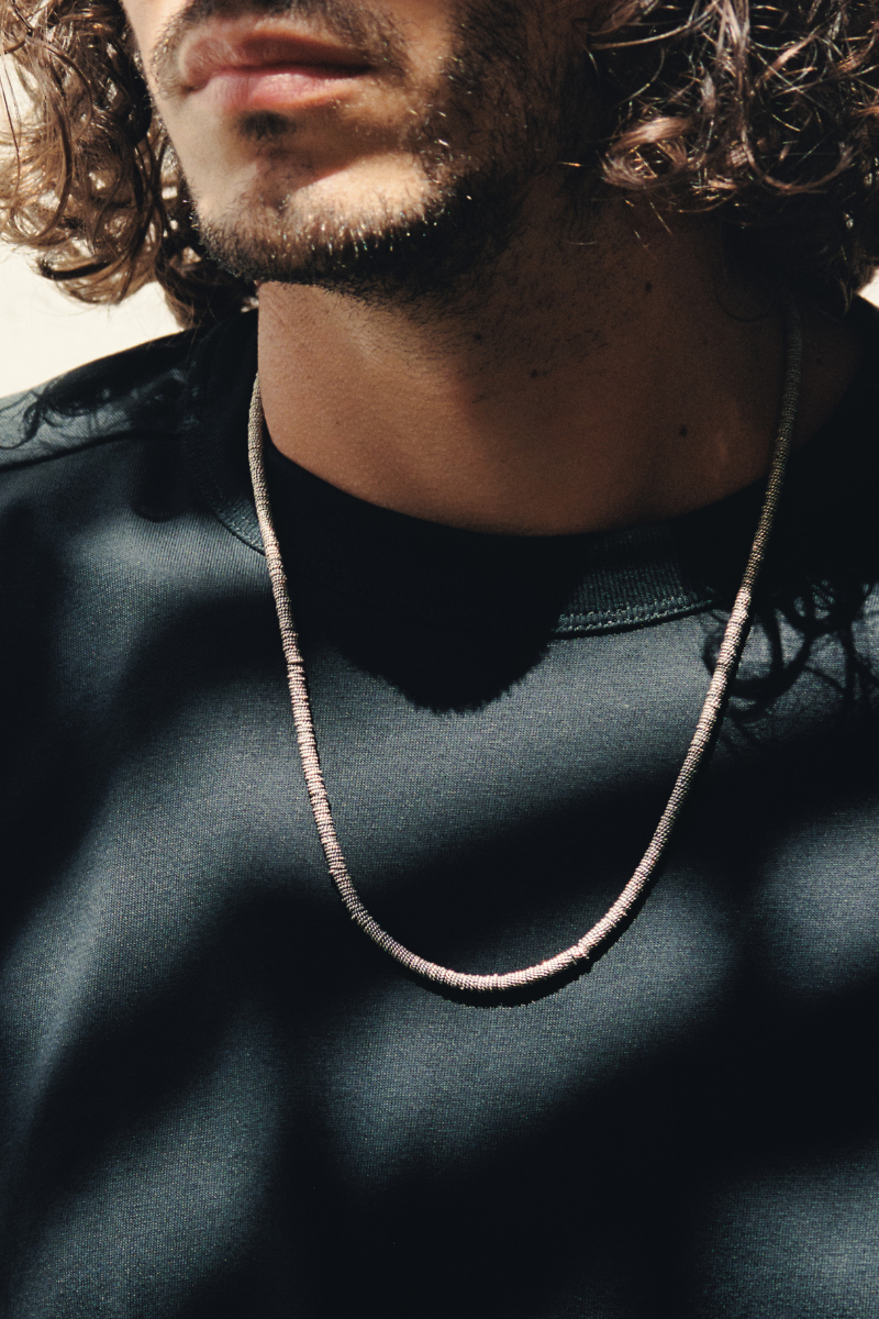 Peru Necklace Oxidized Sterling Silver Men's Jewelry on Model